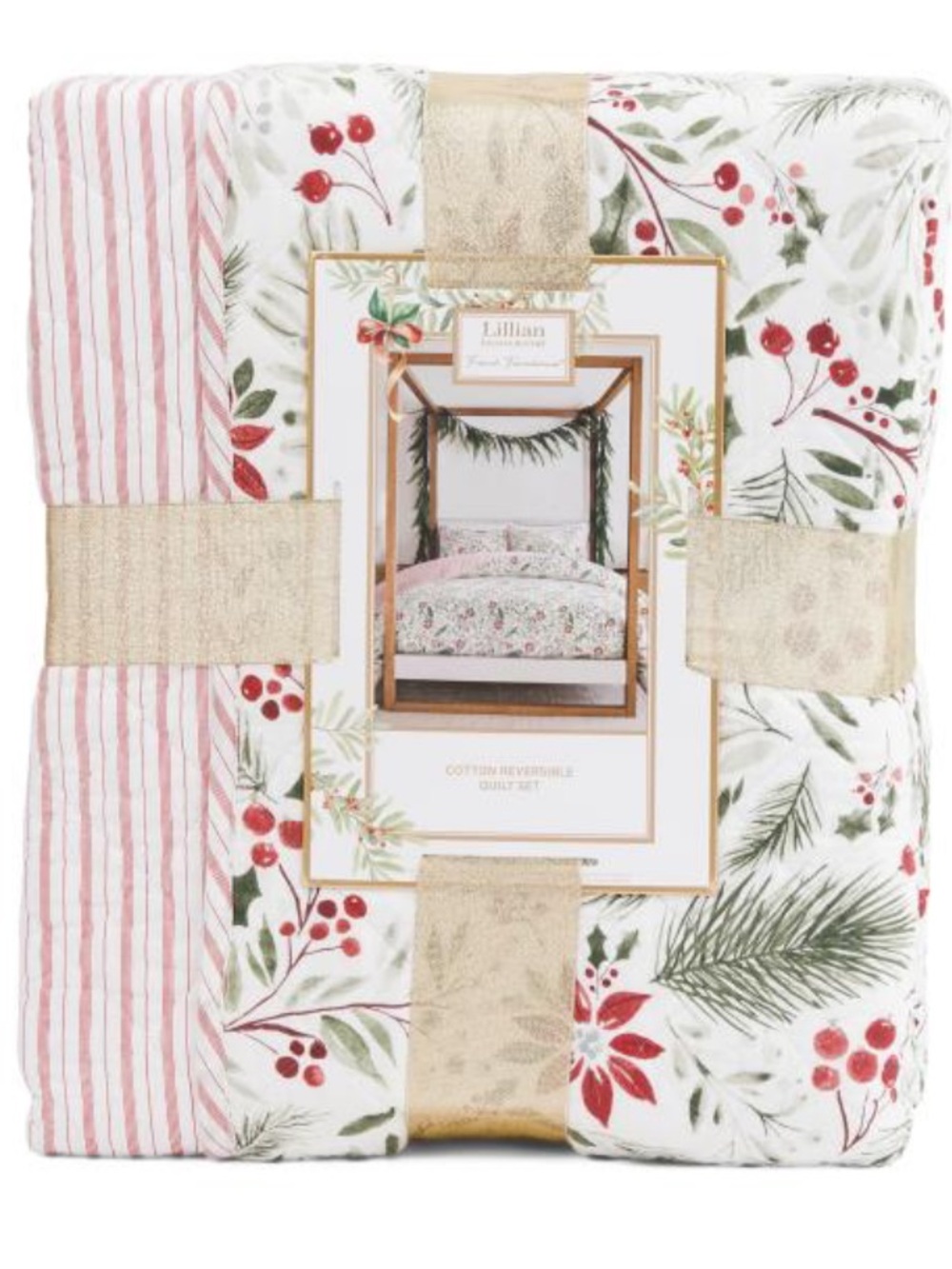 Lillian August Floral Cranberry Reversible Cotton Quilt Set - Red & Green